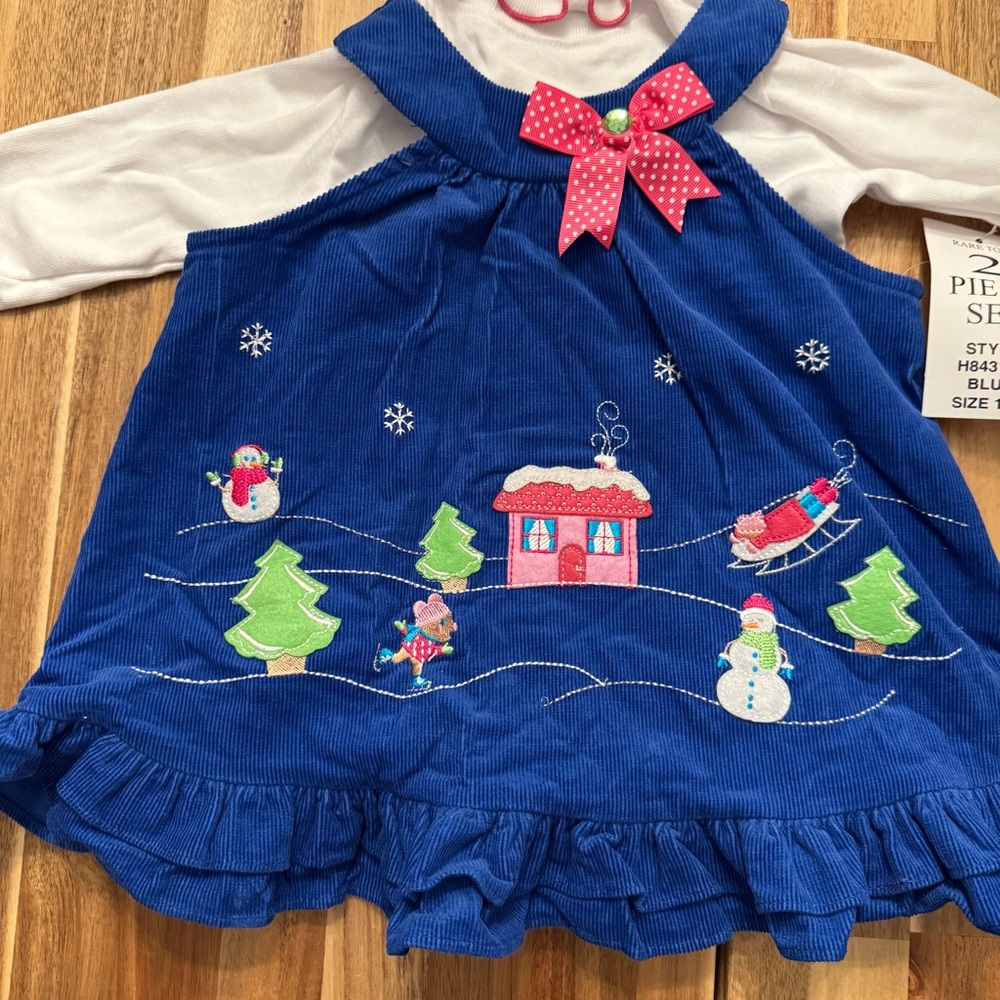 Rare Too Baby Girls 12M Blue Corduroy Winter Snowman Jumper Bodysuit Set H843120